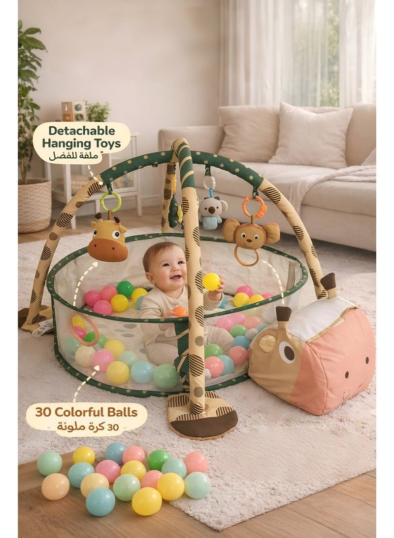 3-in-1 Baby Play Gym Mat with Ball Pit & Mesh Playpen, Tummy Time Activity Play Mat for Infants, Detachable Hanging Toys, Indoor Safe Play Area, Includes 30 Colorful Balls - Image 3